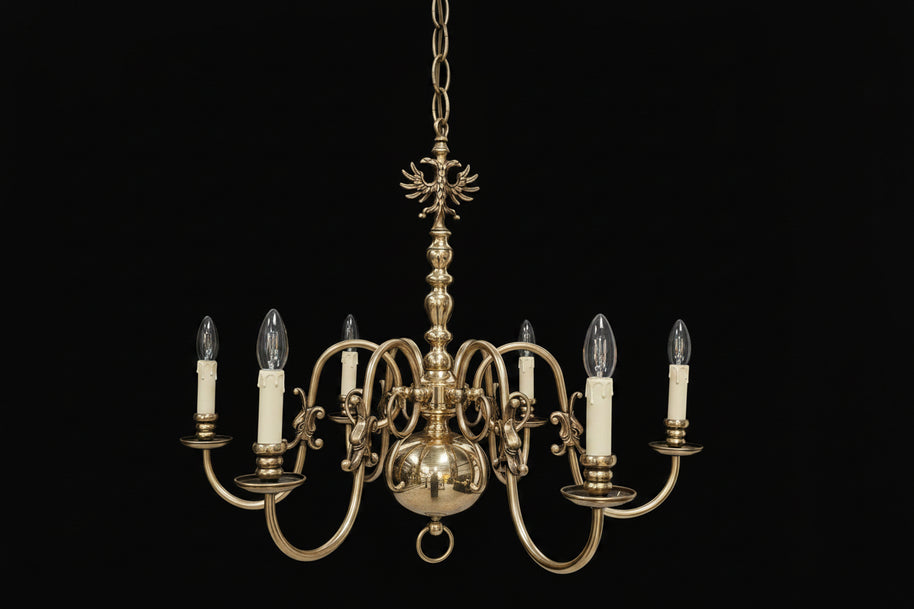 Pair of 6 Candle Brass Flemish Chandeliers