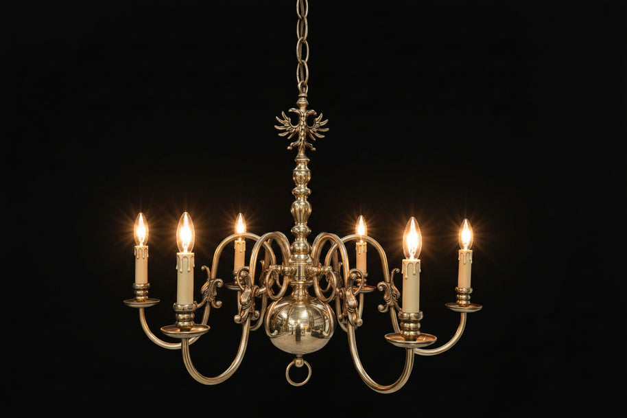 Pair of 6 Candle Brass Flemish Chandeliers