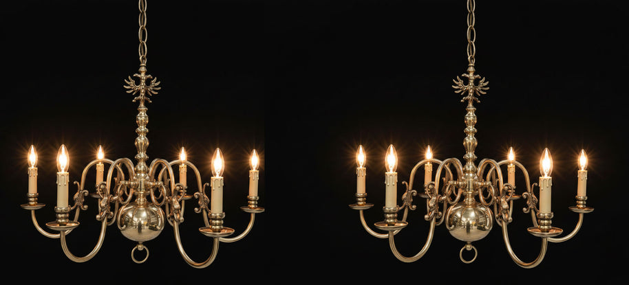 Pair of 6 Candle Brass Flemish Chandeliers