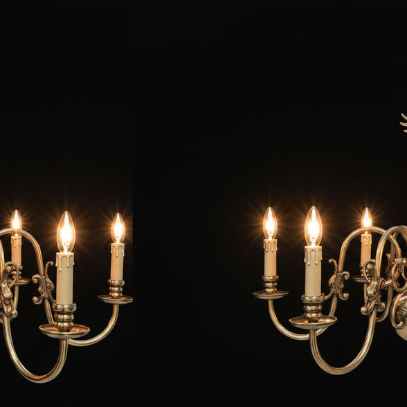 Pair of 6 Candle Brass Flemish Chandeliers
