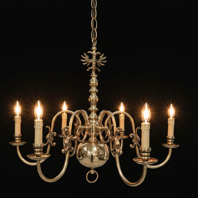 Pair of 6 Candle Brass Flemish Chandeliers