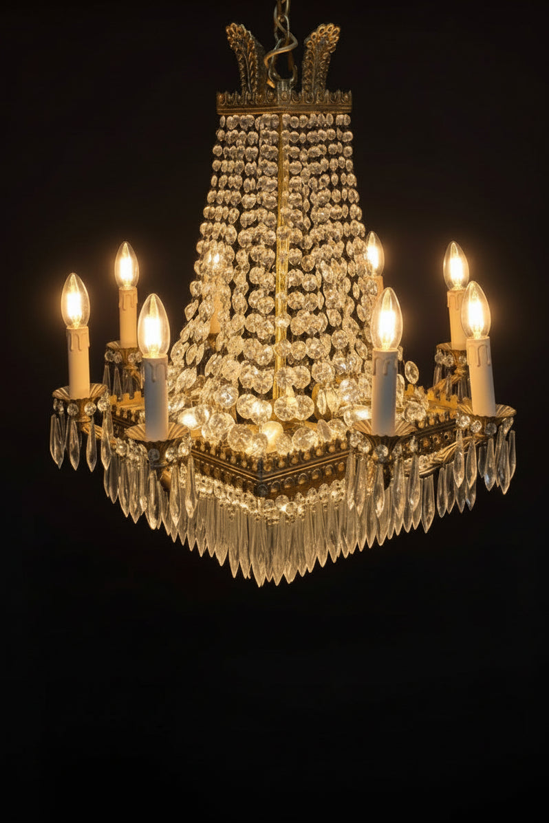 Vintage Brass & Crystal 13 Candle Waterfall Chandelier