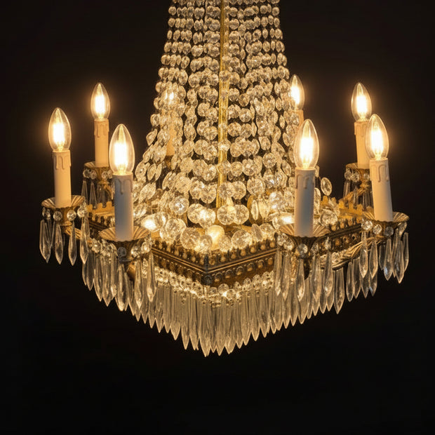 Vintage Brass & Crystal 13 Candle Waterfall Chandelier