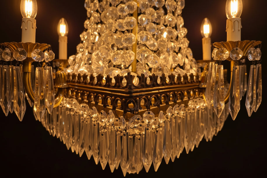 Vintage Brass & Crystal 13 Candle Waterfall Chandelier
