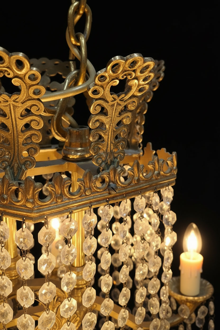 Vintage Brass & Crystal 13 Candle Waterfall Chandelier