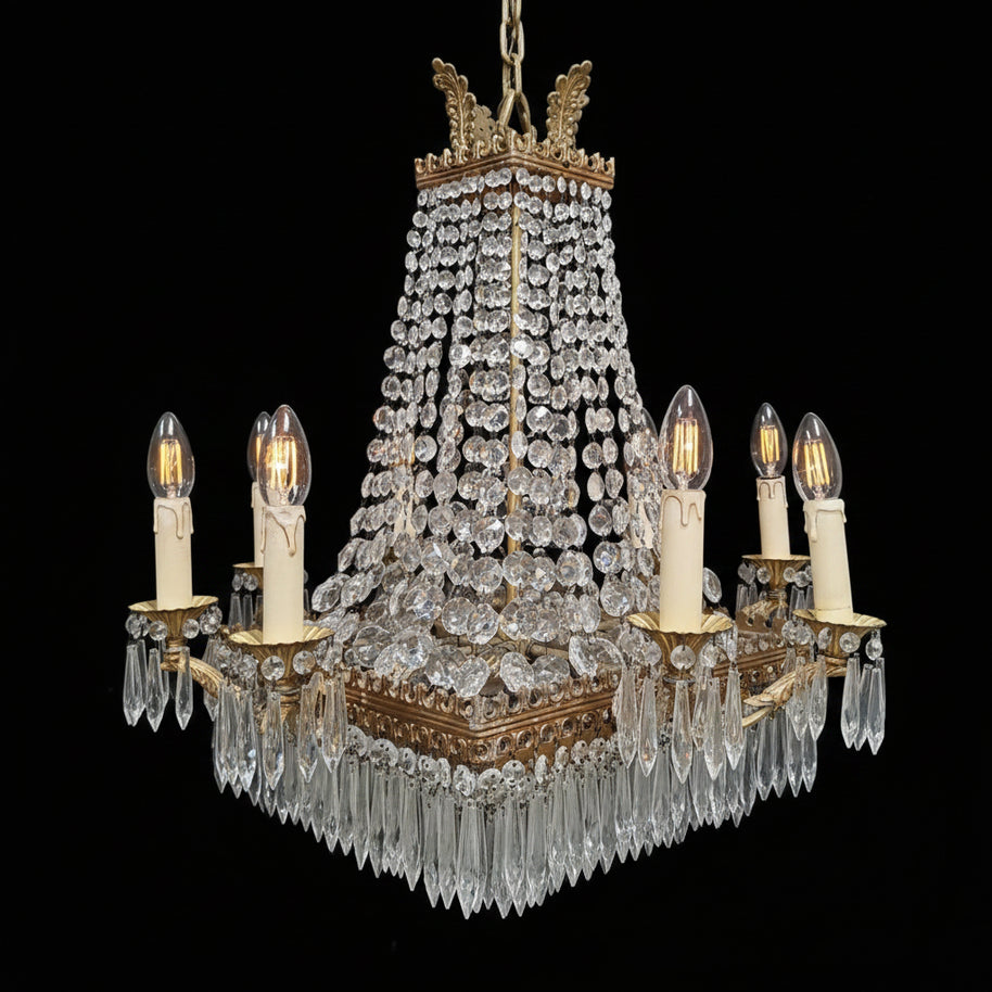 Vintage Brass & Crystal 13 Candle Waterfall Chandelier