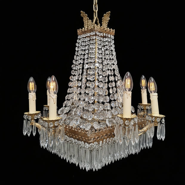 Vintage Brass & Crystal 13 Candle Waterfall Chandelier