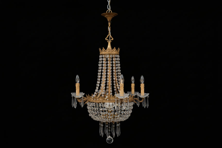 Vintage Brass & Crystal 9 Candle Sac-De-Pearl Chandelier