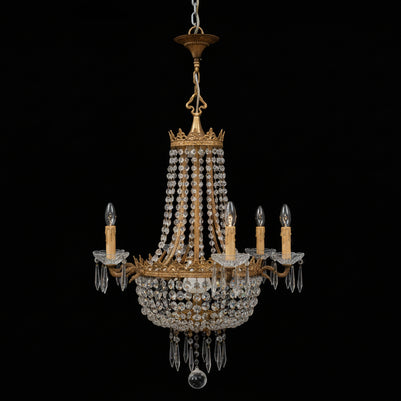 Vintage Brass & Crystal 9 Candle Sac-De-Pearl Chandelier