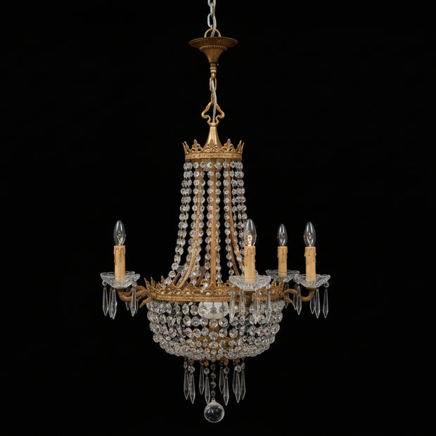 Vintage Brass & Crystal 9 Candle Sac-De-Pearl Chandelier