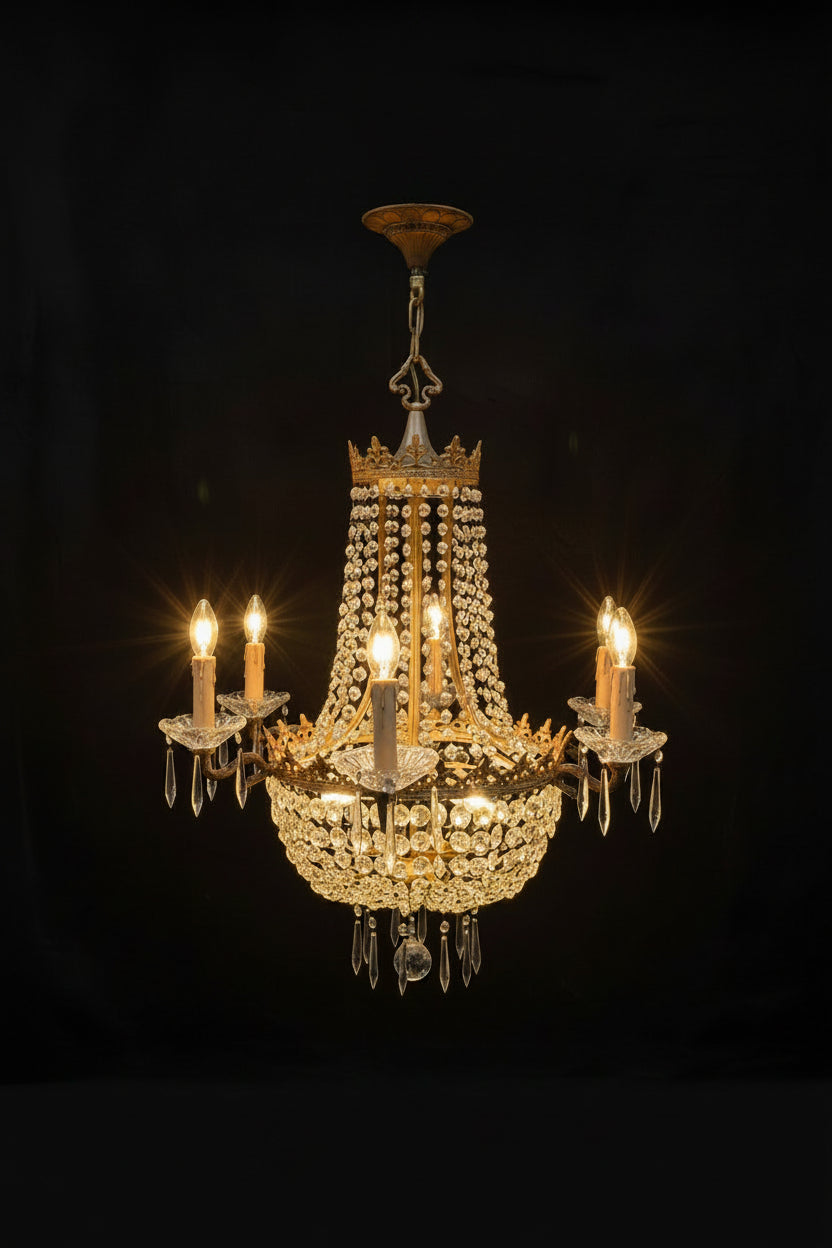 Vintage Brass & Crystal 9 Candle Sac-De-Pearl Chandelier
