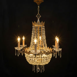 Vintage Brass & Crystal 9 Candle Sac-De-Pearl Chandelier