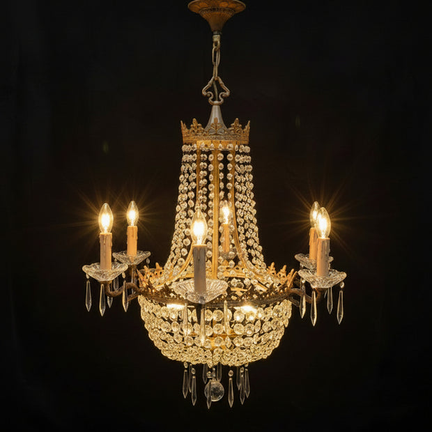 Vintage Brass & Crystal 9 Candle Sac-De-Pearl Chandelier