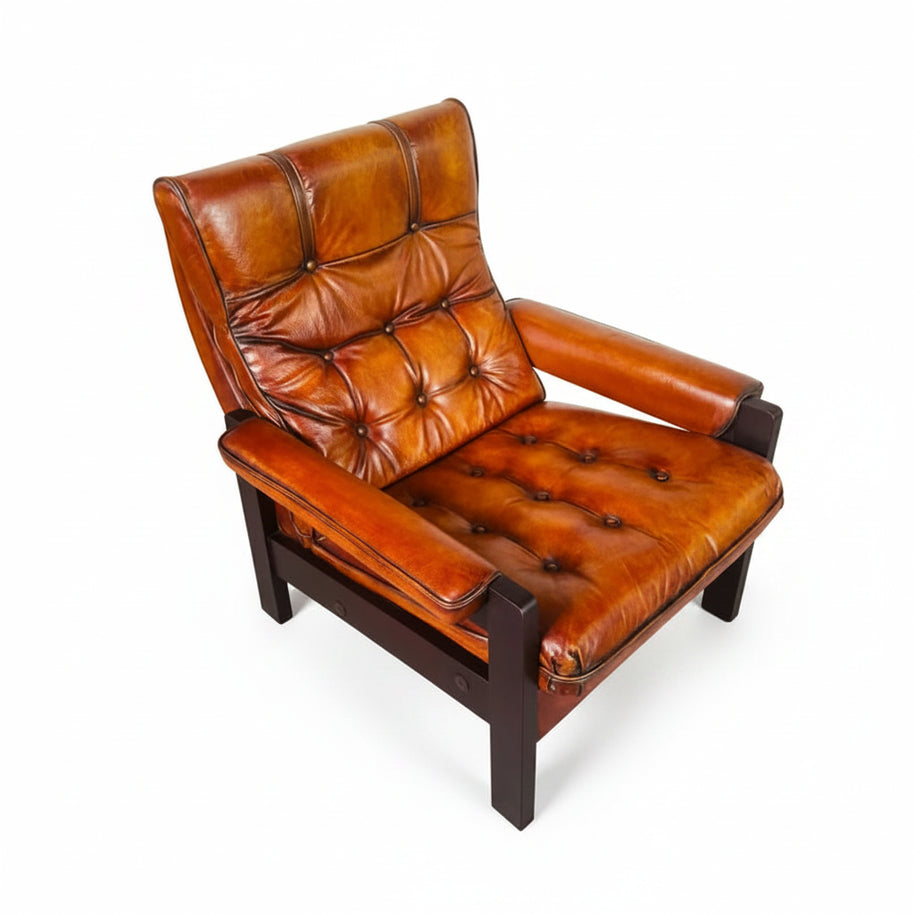Vintage Danish Tan Leather Lounge Chair – Solid Oak Frame