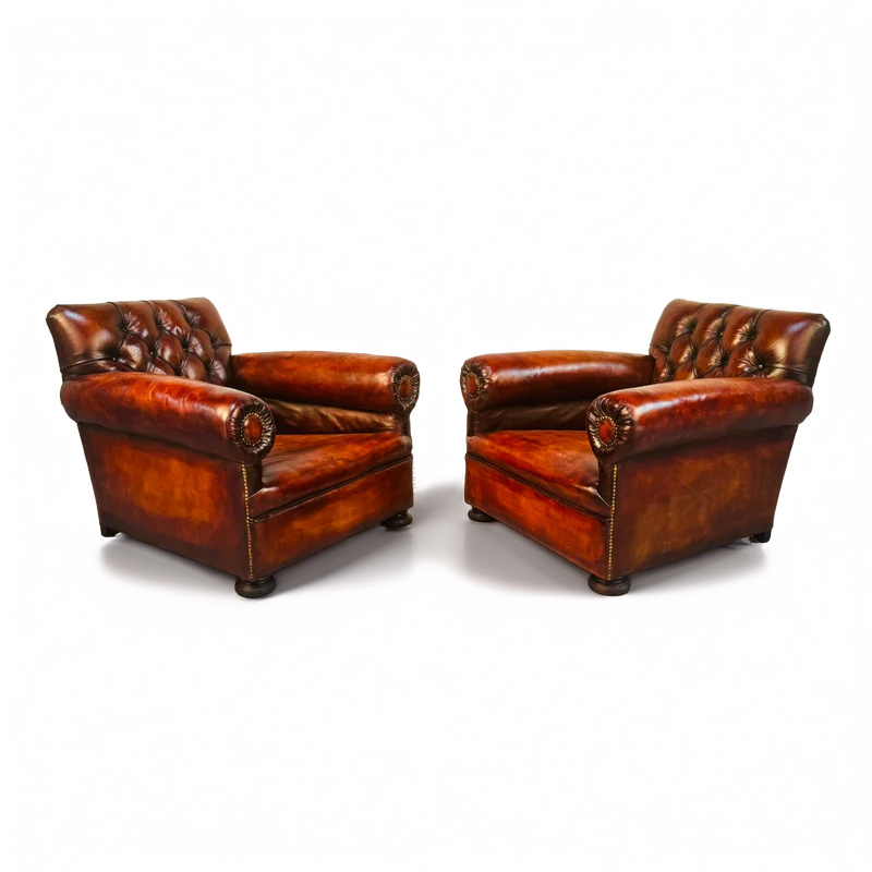A Pair of 1920s English Cognac Leather Club Chairs