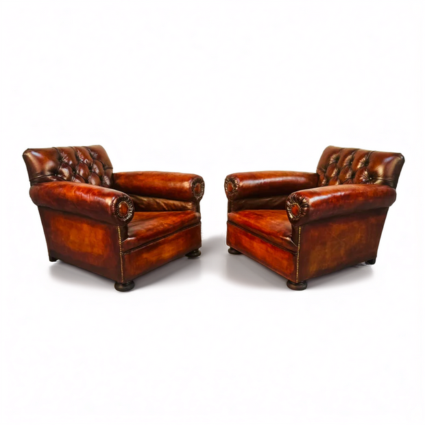A Pair of 1920s English Cognac Leather Club Chairs