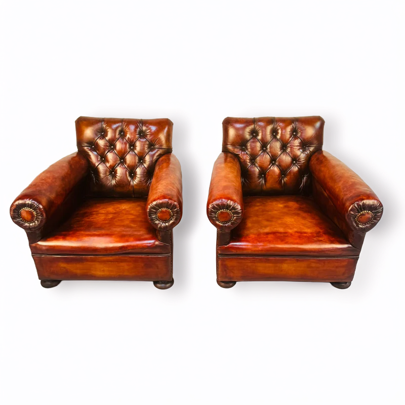 A Pair of 1920s English Cognac Leather Club Chairs