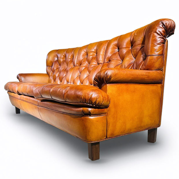 Vintage 3 seater leather button back sofa