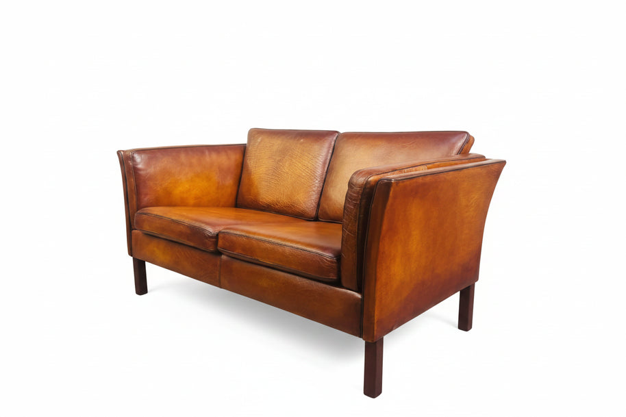 Vintage Danish Tan Leather 2 Seater Sofa