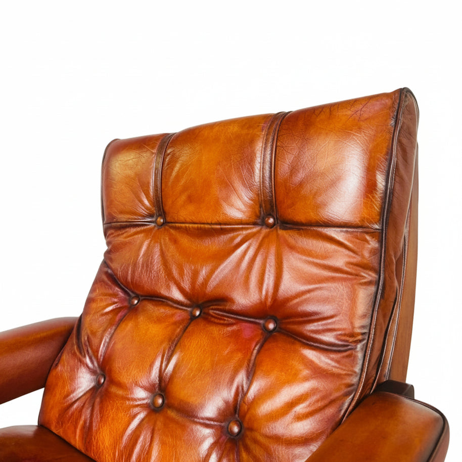 Vintage Danish Tan Leather Lounge Chair – Solid Oak Frame