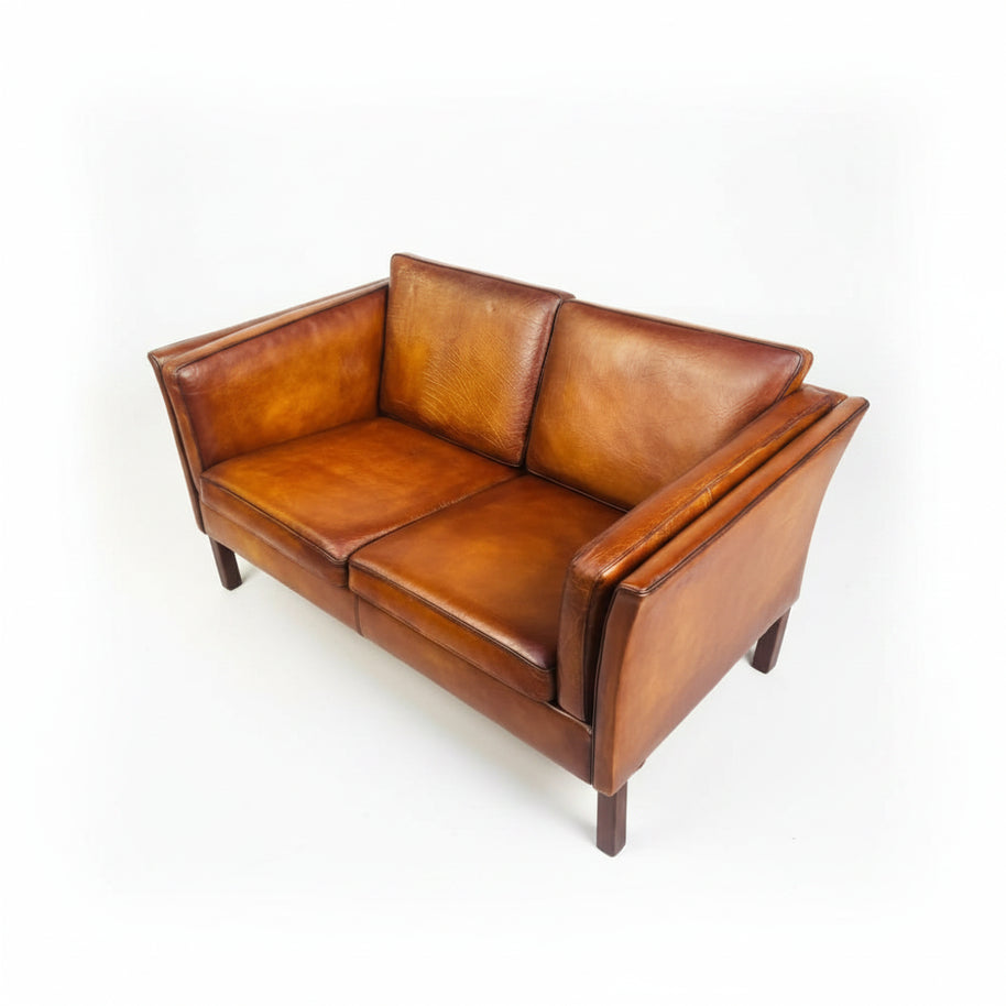 Vintage Danish Tan Leather 2 Seater Sofa