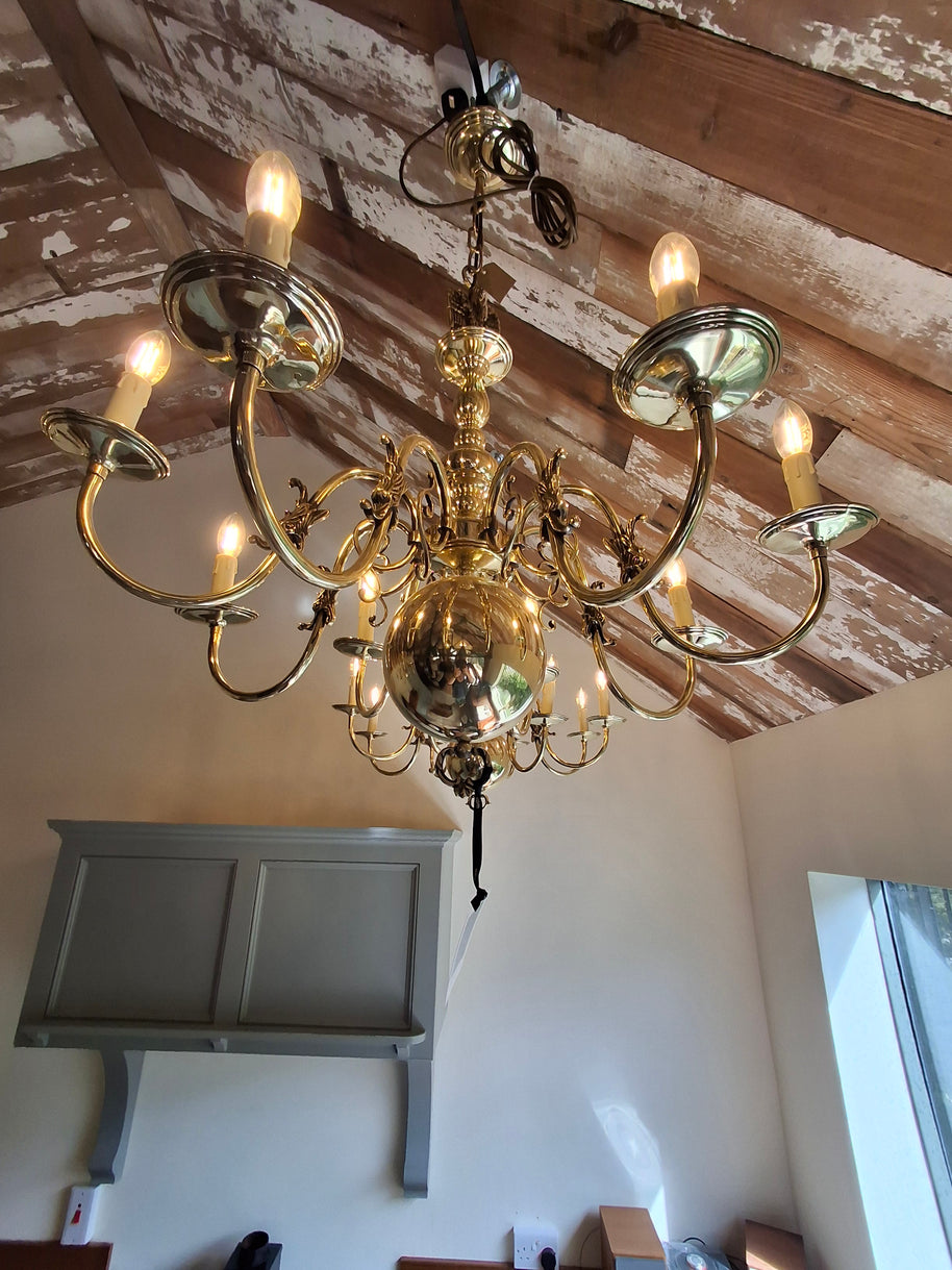 Pair Of Vintage Solid Brass Flemish 8 Candle Chandeliers