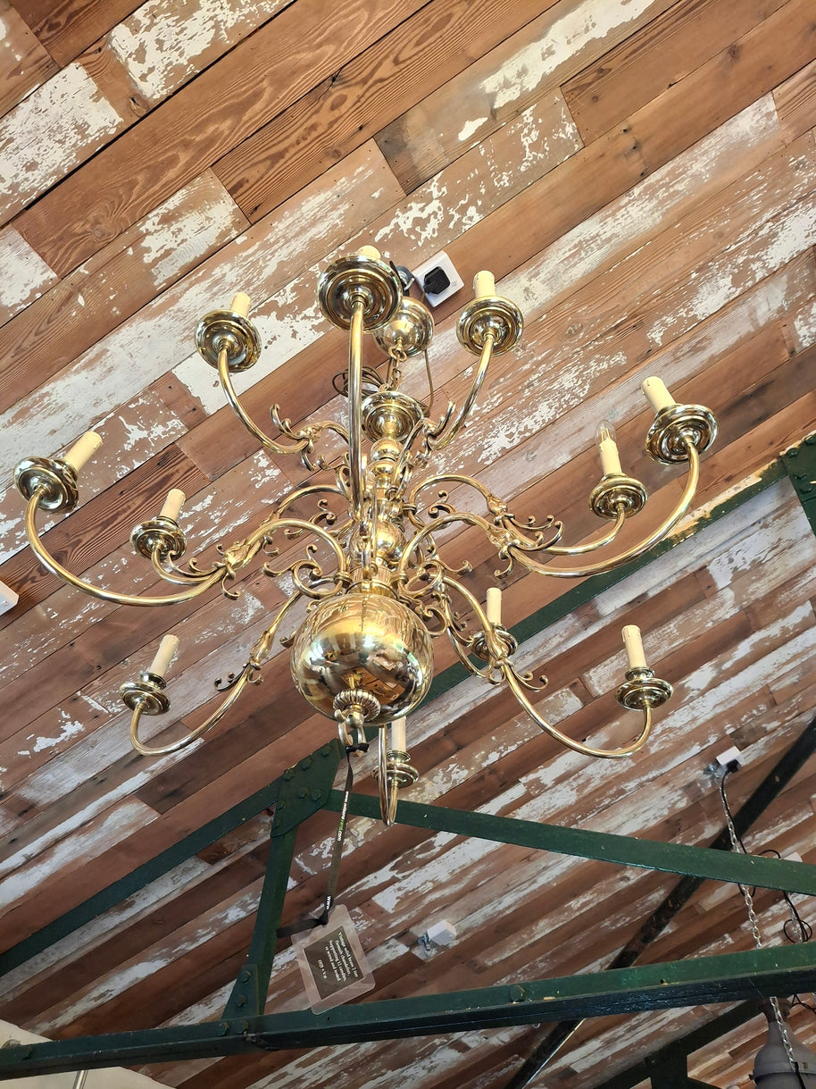 Vintage Solid Brass Flemish Two Tier 12 Candle Chandelier