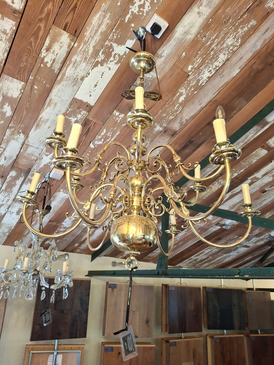 Vintage Solid Brass Flemish Two Tier 12 Candle Chandelier