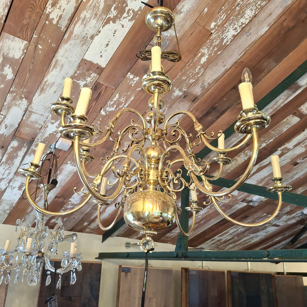 Vintage Solid Brass Flemish Two Tier 12 Candle Chandelier