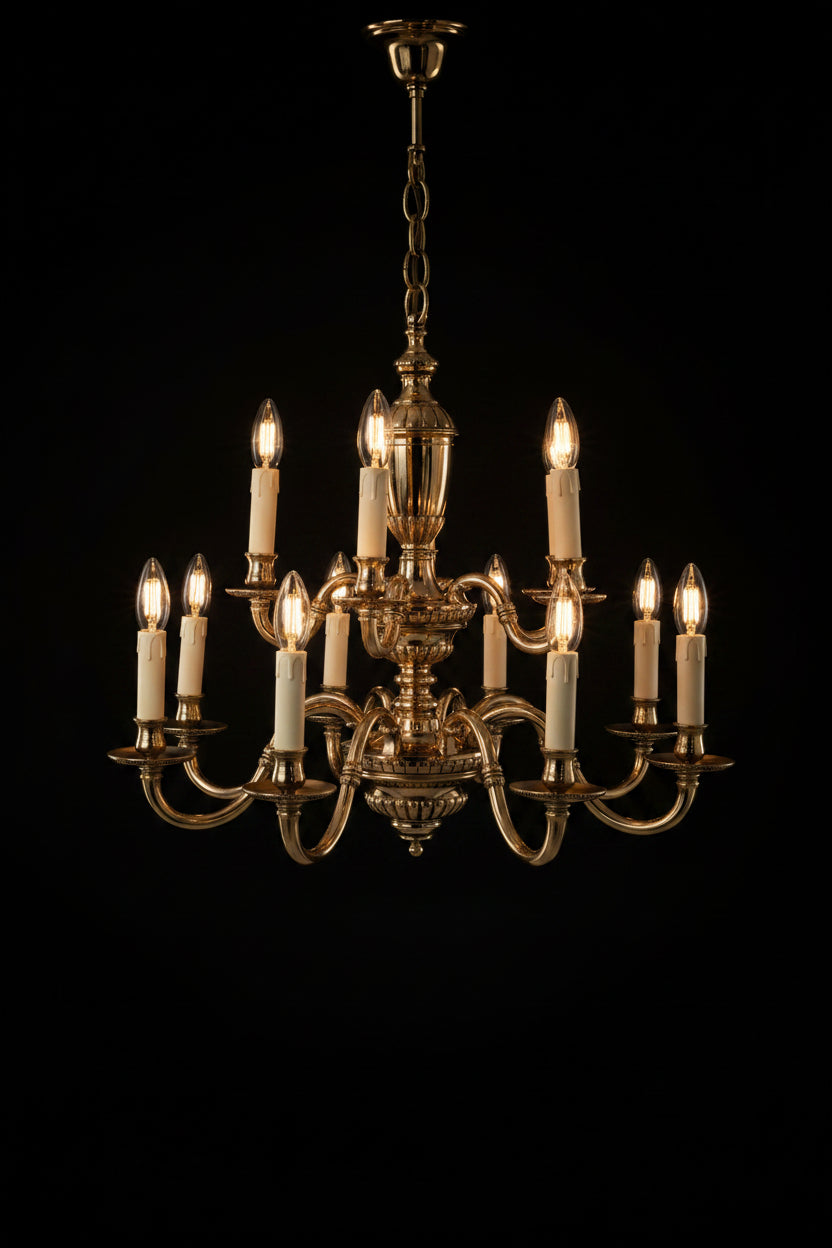 Pair Of Vintage 2 Tier 12 Candle Flemish Brass Chandeliers