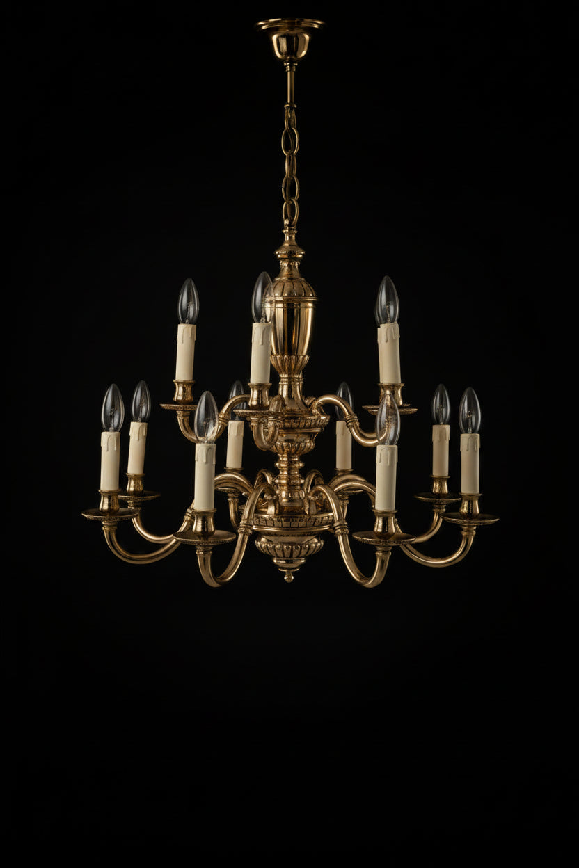 Pair Of Vintage 2 Tier 12 Candle Flemish Brass Chandeliers
