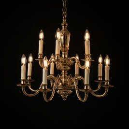 Pair Of Vintage 2 Tier 12 Candle Flemish Brass Chandeliers