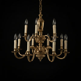 Pair Of Vintage 2 Tier 12 Candle Flemish Brass Chandeliers