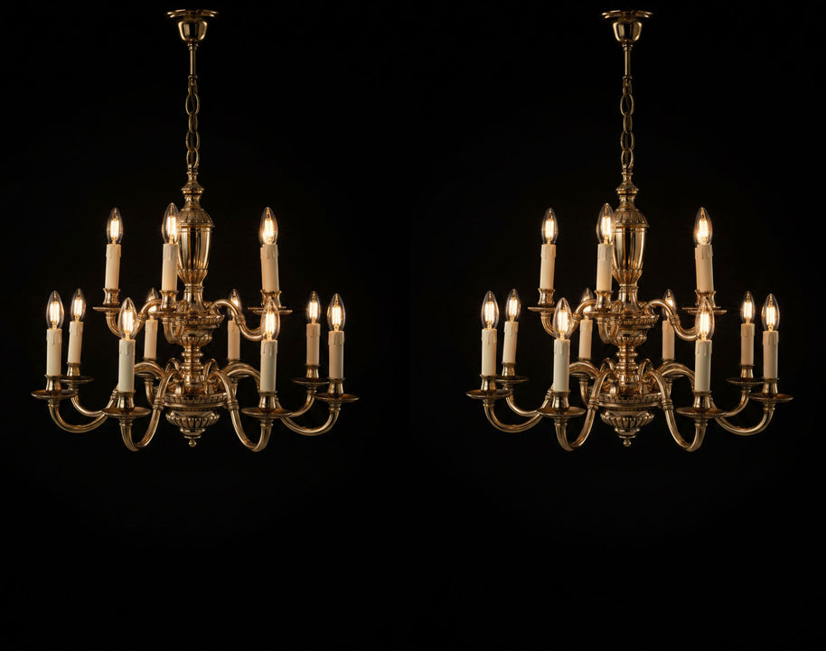 Pair Of Vintage 2 Tier 12 Candle Flemish Brass Chandeliers