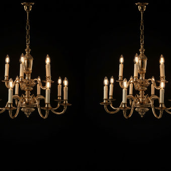 Pair Of Vintage 2 Tier 12 Candle Flemish Brass Chandeliers
