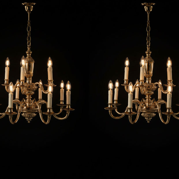 Pair Of Vintage 2 Tier 12 Candle Flemish Brass Chandeliers