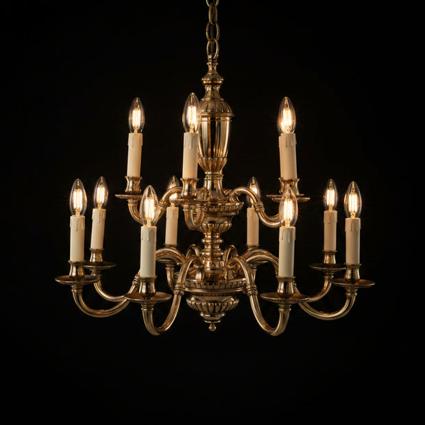Pair Of Vintage 2 Tier 12 Candle Flemish Brass Chandeliers
