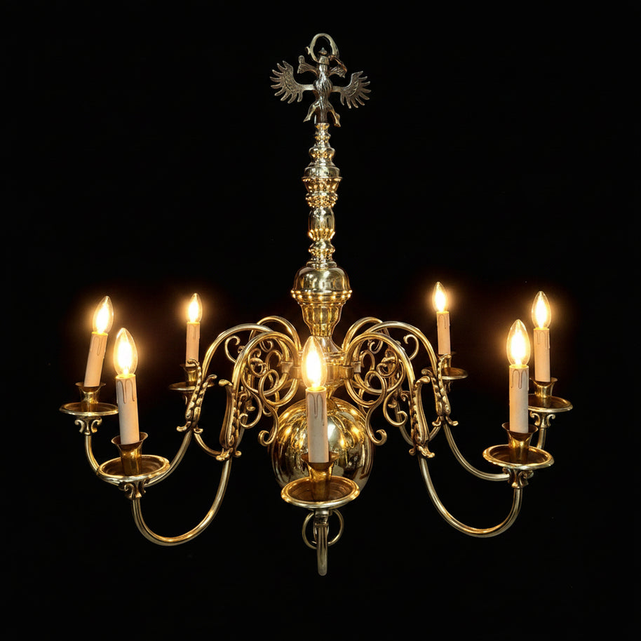 Large Vintage Flemish Brass 8 Candle Chandelier