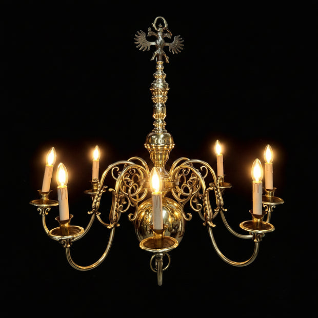 Large Vintage Flemish Brass 8 Candle Chandelier