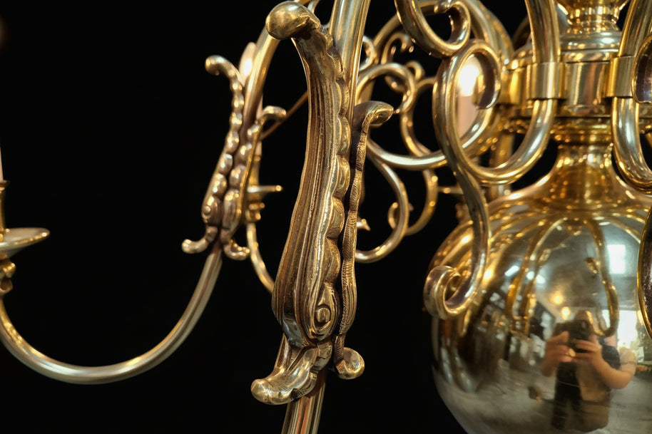 Large Vintage Flemish Brass 8 Candle Chandelier