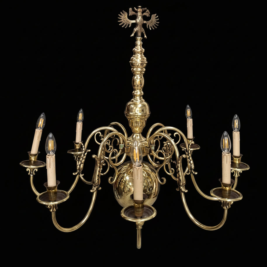 Large Vintage Flemish Brass 8 Candle Chandelier