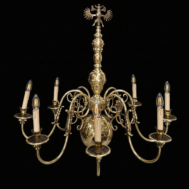 Large Vintage Flemish Brass 8 Candle Chandelier