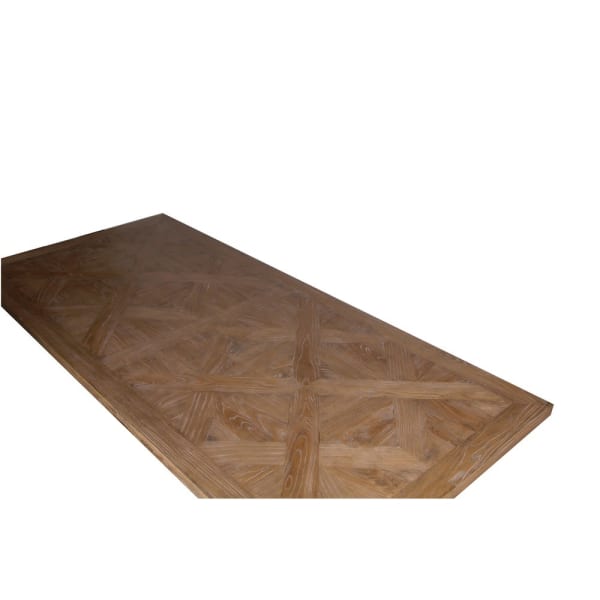 Parquet topped Elm dining table with x legs