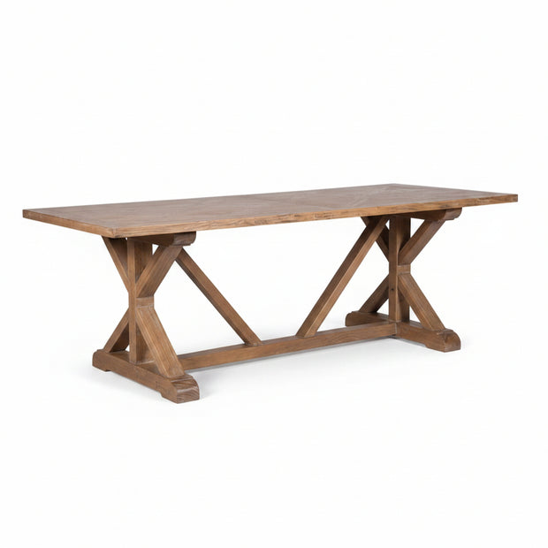 Parquet topped Elm dining table with x legs