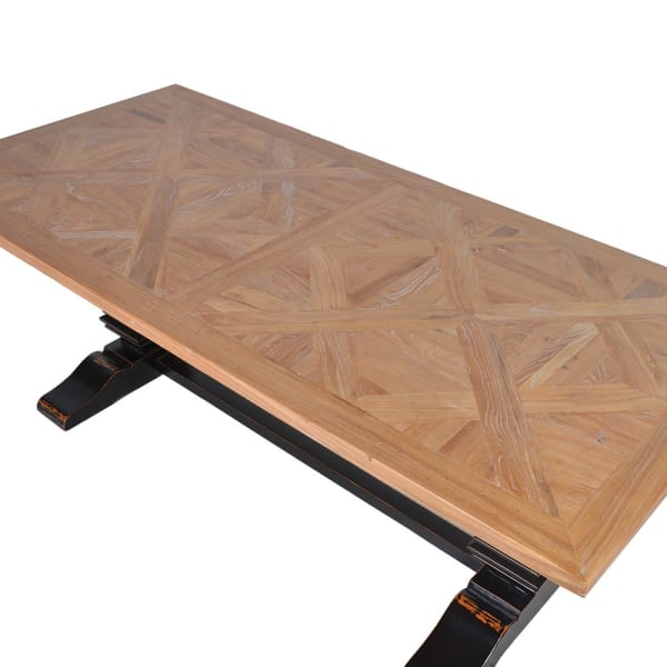 Black distressed dining table with parquet top
