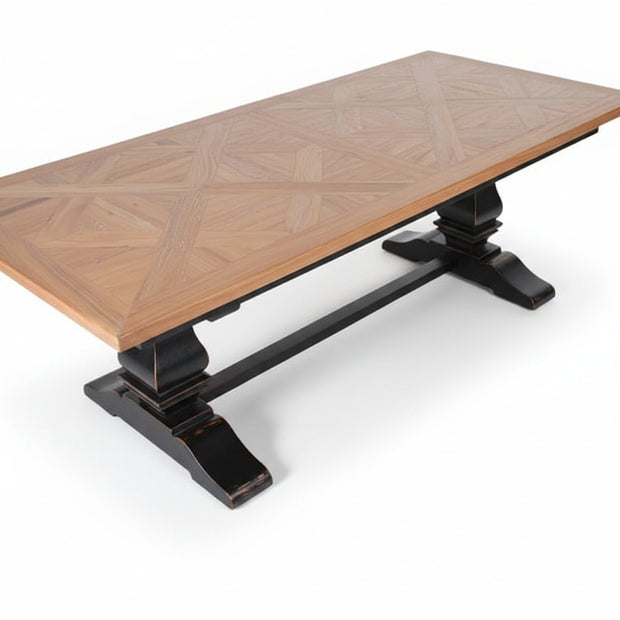 Black distressed dining table with parquet top