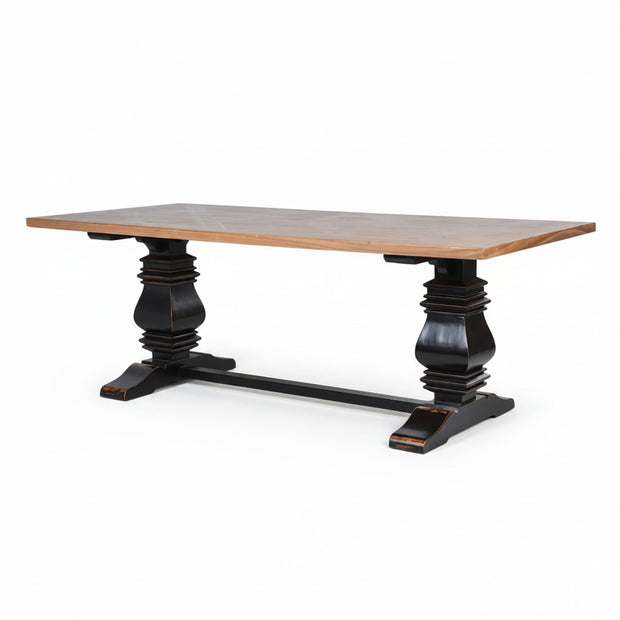 Black distressed dining table with parquet top