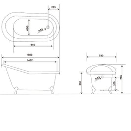 French Cast Iron Single Ended Slipper Bath 1560mm L