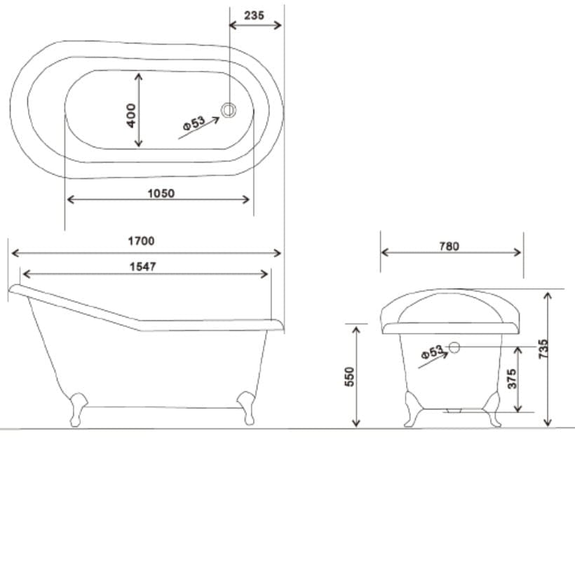 French Cast Iron Single Ended Slipper Bath 1700mm L
