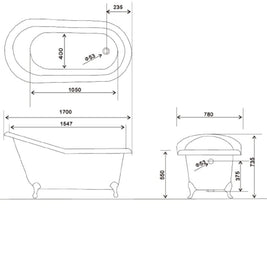 French Cast Iron Single Ended Slipper Bath 1700mm L